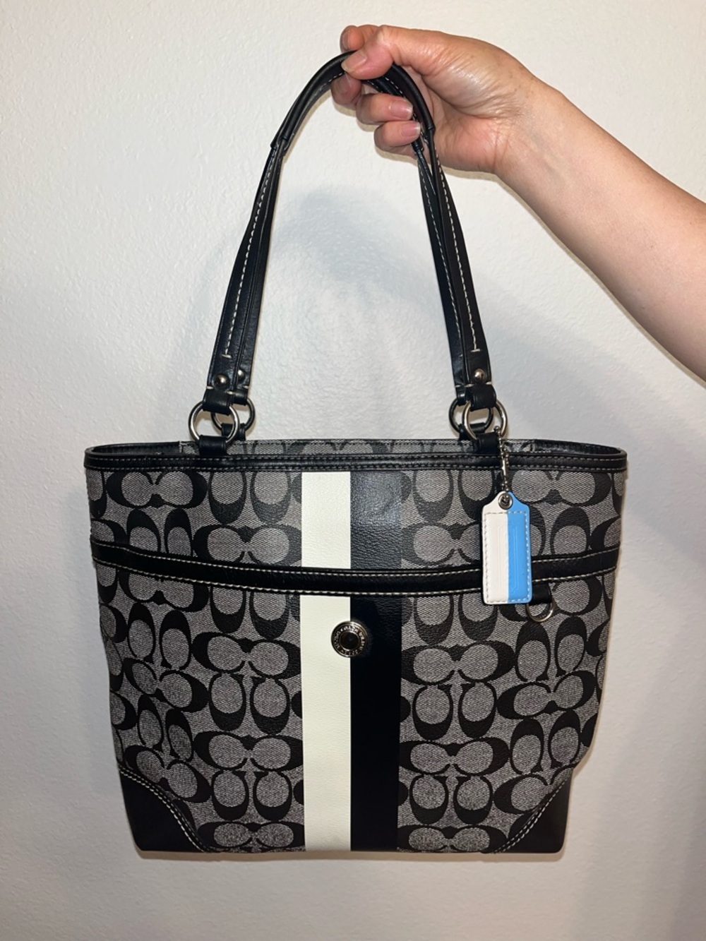 Coach Signature Stripe Tote Black Gray Canvas Leather Shoulder Bag